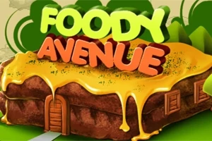 Un pan de jengibre con letras de colores brillantes que dicen Foody Avenue, cubierto de chocolate derretido y situado en un entorno verde con árboles