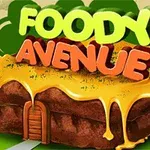 Un pan de jengibre con letras de colores brillantes que dicen Foody Avenue, cubierto de chocolate derretido y situado en un entorno verde con árboles