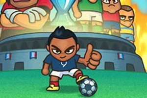 Un personaje animado con uniforme azul da un pulgar arriba mientras posa con un balón de fútbol frente a un estadio, con más personajes y una copa al fondo