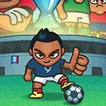 Un personaje animado con uniforme azul da un pulgar arriba mientras posa con un balón de fútbol frente a un estadio, con más personajes y una copa al fondo