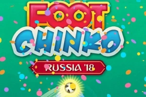 Texto colorido Foot Chinko sobre un fondo verde con confeti y la inscripción Russia 18 en la parte inferior