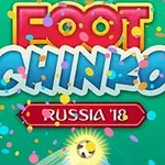Texto colorido Foot Chinko sobre un fondo verde con confeti y la inscripción Russia 18 en la parte inferior