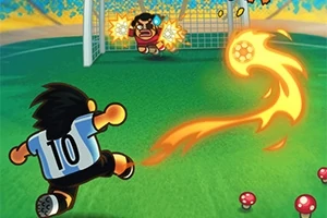 Un personaje con camiseta número 10 dispara un balón de fútbol en llamas hacia un portero, mientras algunos hongos crecen alrededor en el campo