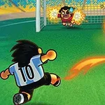 Un personaje con camiseta número 10 dispara un balón de fútbol en llamas hacia un portero, mientras algunos hongos crecen alrededor en el campo