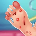 Un dibujo de un pie con heridas, ampollas y fragmentos de vidrio, junto a instrumentos médicos en el fondo