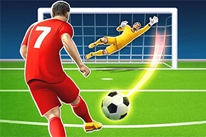 Jugador de fútbol con uniforme rojo a punto de patear un balón hacia la portería con un portero vestido de amarillo intentando detenerlo