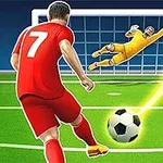Jugador de fútbol con uniforme rojo a punto de patear un balón hacia la portería con un portero vestido de amarillo intentando detenerlo