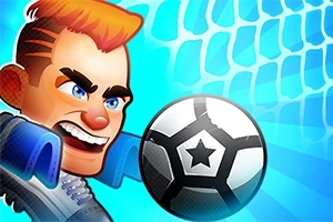 Un personaje con expresión decidida se prepara para atajar un balón de fútbol frente a una portería en un fondo azul brillante