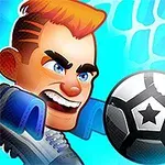 Un personaje con expresión decidida se prepara para atajar un balón de fútbol frente a una portería en un fondo azul brillante