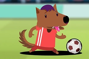 Un personaje de caricatura con forma de lobo, vistiendo una camiseta roja, jugando fútbol con un balón sobre un campo