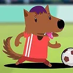 Un personaje de caricatura con forma de lobo, vistiendo una camiseta roja, jugando fútbol con un balón sobre un campo