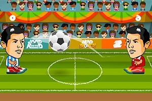 Dos personajes con cabezas grandes y uniformes de fútbol en un campo con una multitud de aficionados de fondo