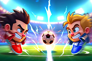 Dos personajes animados con expresiones intensas y equipaciones rojas y azules se enfrentan en un campo de fútbol con un balón en el centro, rodeado de efectos eléctricos