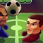 Dos personajes de caricatura con apariencia seria y uniforme de fútbol, uno con balones en lugar de manos, están frente a frente en un campo de fútbol con un balón en el aire