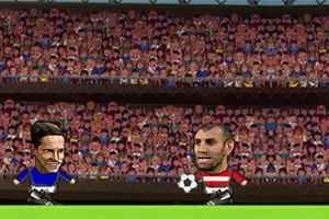 Dos personajes de apariencia caricaturesca juegan fútbol frente a una multitud en un estadio