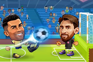 Dos futbolistas caricaturizados en una cancha, uno pateando un balón y otro como portero frente a la portería con público al fondo