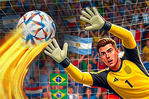 Portero con uniforme amarillo atajando un balón frente a una portería, con banderas de Brasil y Argentina al fondo