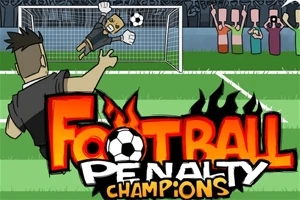 Portero atajando un penal mientras un jugador patea el balón en un campo de fútbol, con letras llamativas al frente