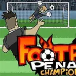 Portero atajando un penal mientras un jugador patea el balón en un campo de fútbol, con letras llamativas al frente