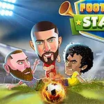Dos caricaturas de futbolistas compiten por un balón en llamas en un estadio iluminado