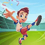 Niño animado jugando al fútbol en un estadio, pateando un balón con expresión alegre y confeti en el aire
