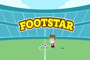 Caricatura de un jugador de fútbol con una camiseta roja y balón en un estadio, acompañada de la palabra Footstar en letras grandes y amarillas