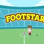 Caricatura de un jugador de fútbol con una camiseta roja y balón en un estadio, acompañada de la palabra Footstar en letras grandes y amarillas