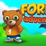 Un oso animado con camiseta naranja y el número uno, junto a un murciélago peludo y ojos grandes, sobre un fondo de colinas verdes y cielo azul con el texto FOREST adventure