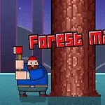 Hombre pixelado con gorro rojo y camisa azul sosteniendo un hacha junto a un árbol grande, con el texto Forest Man encima