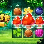 Interfaz colorida de un juego con elementos de bosque como hongos, bellotas, trébol y frutas, rodeada de árboles
