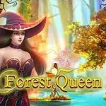 Mujer con sombrero grande en un bosque mágico con árboles coloridos y un lago, junto al texto Forest Queen 2