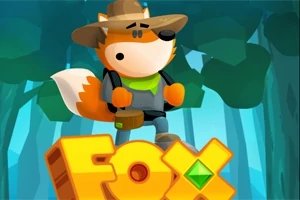 Un zorro caricaturesco vestido como explorador está de pie sobre letras grandes que dicen FOX, con un fondo de bosque