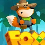 Un zorro caricaturesco vestido como explorador está de pie sobre letras grandes que dicen FOX, con un fondo de bosque