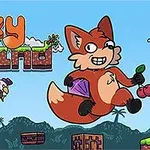 Un zorro sonriente sostiene una joya morada y unas cerezas mientras salta en un paisaje de dibujos animados con árboles, bloques y un pájaro volando