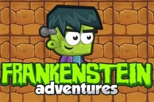 Personaje de Frankenstein caricaturesco con cabello negro y piel verde, fondo de ladrillos anaranjados con texto verde y blanco