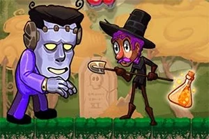 Un personaje con sombrero y poción enfrenta a un monstruo estilo Frankenstein en un escenario al aire libre