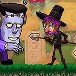 Un personaje con sombrero y poción enfrenta a un monstruo estilo Frankenstein en un escenario al aire libre