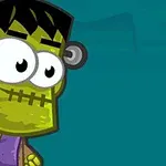 Personaje animado verde con apariencia de monstruo, con cabello negro y rasgos exagerados, sobre un fondo azul