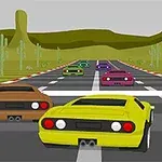 Coches de colores compiten en una pista de carreras en un paisaje desértico
