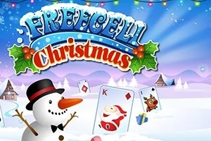 Muñeco de nieve con sombrero de copa frente a un paisaje nevado, cartas navideñas y casas cubiertas de nieve al fondo