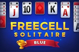 Cartas de juego con el texto Freecell Solitaire Blue sobre un fondo azul y un trofeo dorado