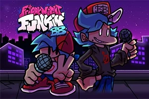 Dos personajes animados con cabello azul y gorras cantando en un escenario urbano al atardecer, cada uno sosteniendo un micrófono
