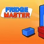 Refrigerador azul abierto con comida dentro y dos contenedores de colores frente a un fondo naranja