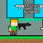 Dos personajes pixelados se enfrentan con armas en un entorno de bloques, con un letrero que dice FRIENDS BATTLE GUNWAPS en el fondo