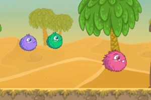 Criaturas esponjosas de colores flotando en un paisaje de desierto con árboles de hojas grandes