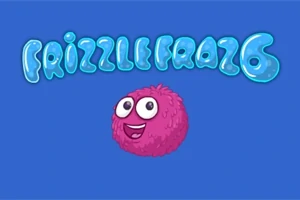 Personaje esponjoso y rosado con ojos grandes y una sonrisa, acompañado de texto azul con borde brillante en el fondo