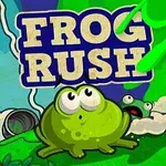Un sapo verde de ojos grandes en un entorno colorido con el texto Frog Rush en el fondo