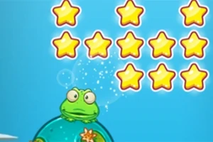 Rana verde sobre una burbuja con muchas estrellas amarillas y fondo azul