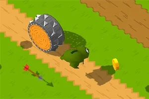 Una criatura verde es perseguida por una rueda gigante con púas en un camino de tierra, junto a una flecha clavada y una moneda dorada
