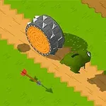 Una criatura verde es perseguida por una rueda gigante con púas en un camino de tierra, junto a una flecha clavada y una moneda dorada